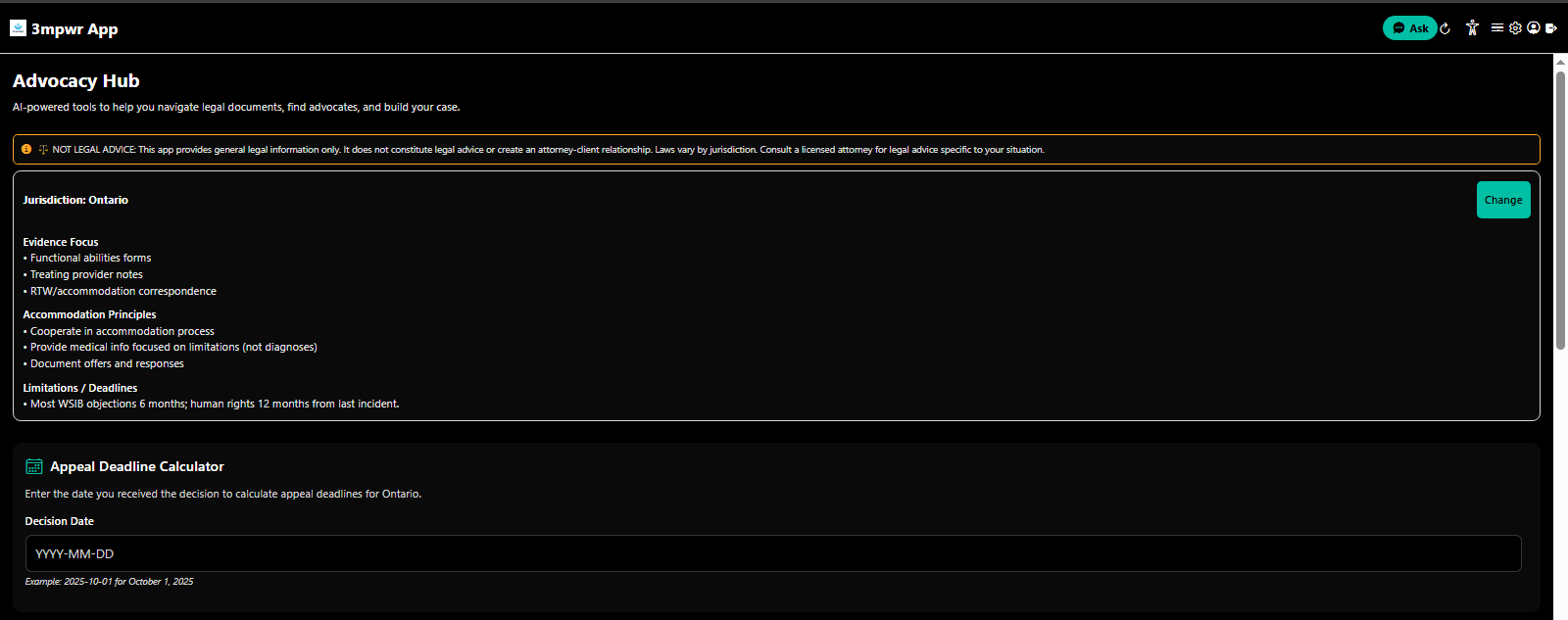 Advocacy tab main view