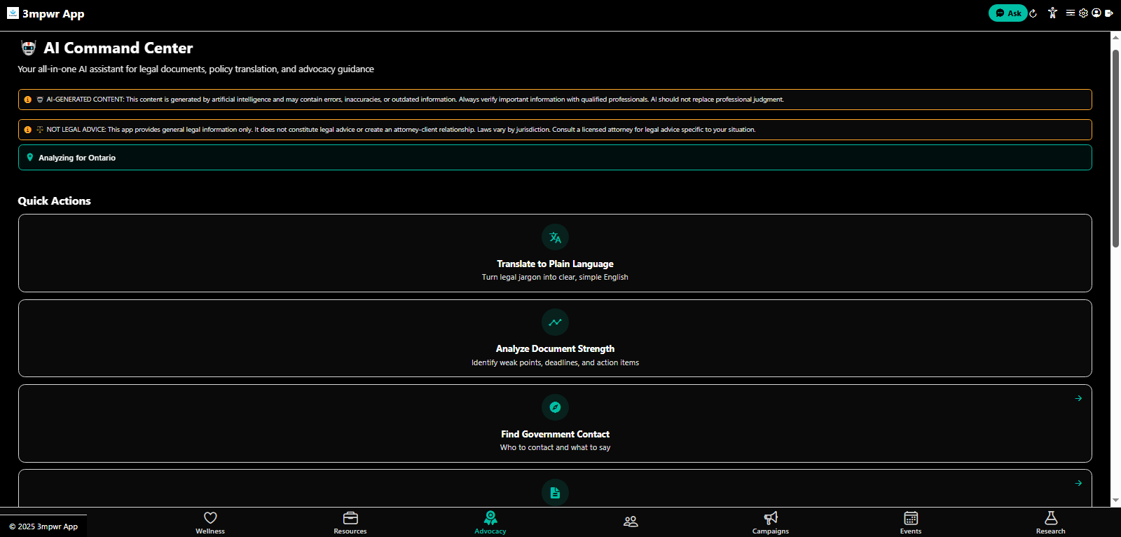 AI Advocacy Command Centre dashboard