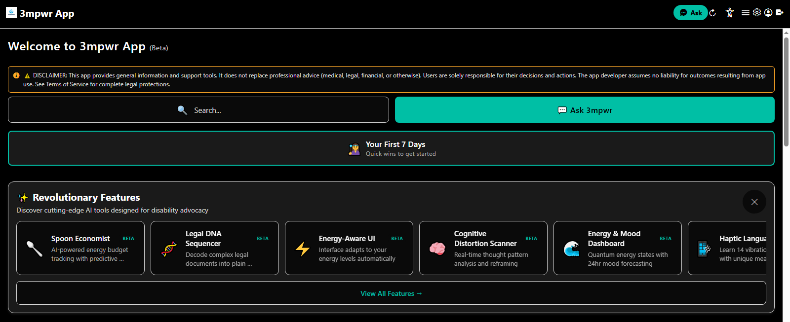 3mpwrApp main dashboard showing personalized widgets and quick access to all features