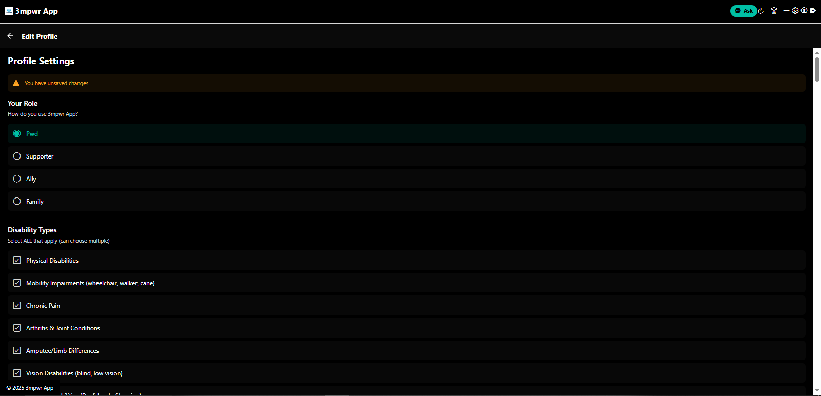 Edit profile personal information