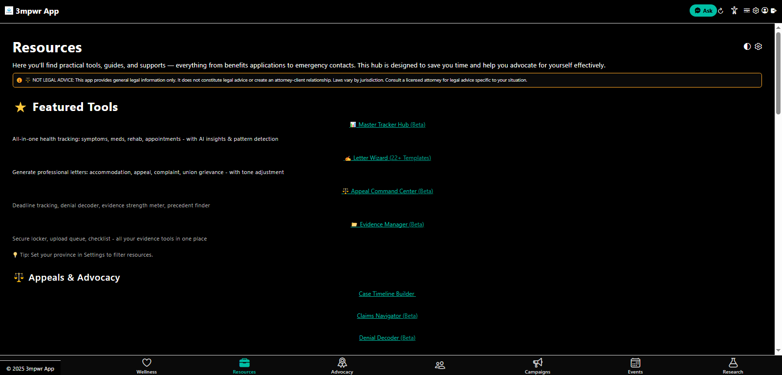 Resources tab main view