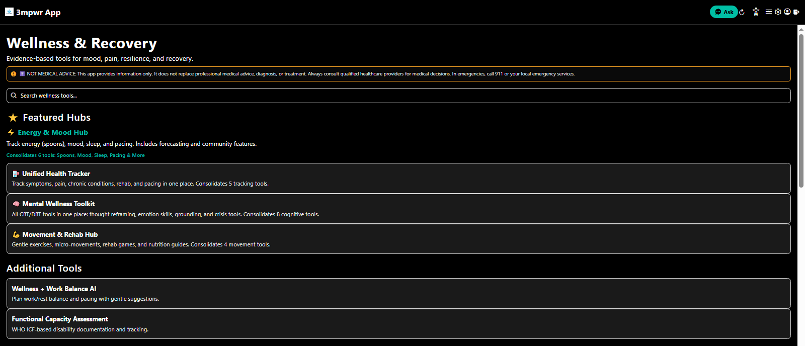 Wellness tab main view