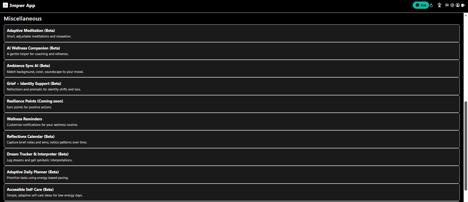 Wellness features list